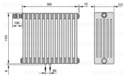 Схема (чертеж) Радиатор Zehnder Charleston 6110/13 №V007 Белый глянцевый RAL 9016